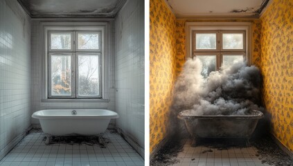 Bathroom before and after a fire