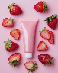 Tubo cosmetico rosa con fragole su sfondo rosa