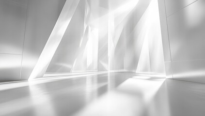 Empty, bright white architectural space with angled beams