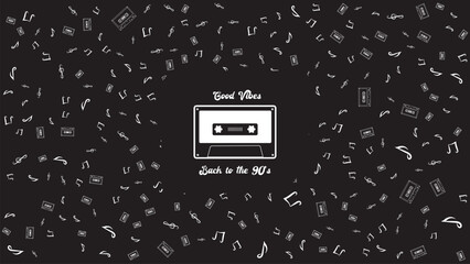 90s Retro Cassette Music Design with Good Vibes Typography and Vintage Audio Pattern