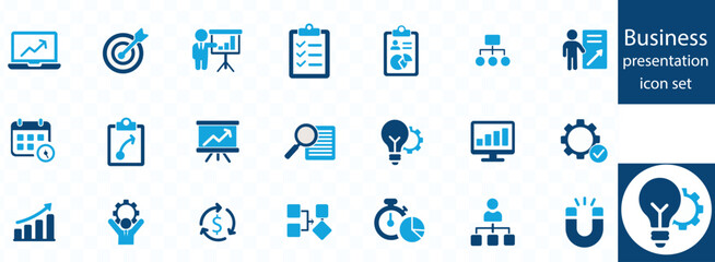Business presentation icon set. sales presentation, keynote, meeting, whiteboard, conference and business plan icons.