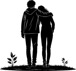 Silhouette of Couple Standing Together, Romantic Back View Vector of Man and Woman in Nature