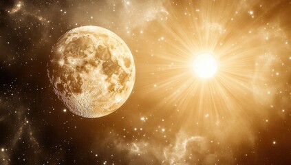 Cosmic scene, moon and sun in space