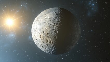 Moon in space, lit by sun