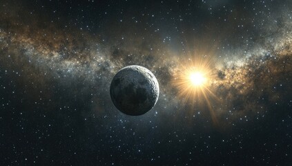 Cosmic scene, moon, sun, galaxy.  Stars, nebulae,  in deep space
