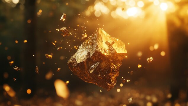 Golden cube, exploding in a sunlit forest - Powered by Adobe