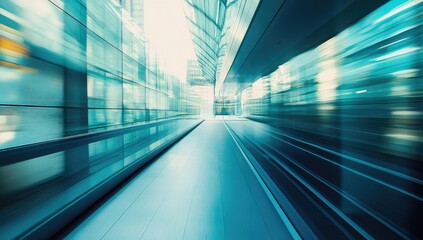 Obraz premium Moving walkway through modern city buildings