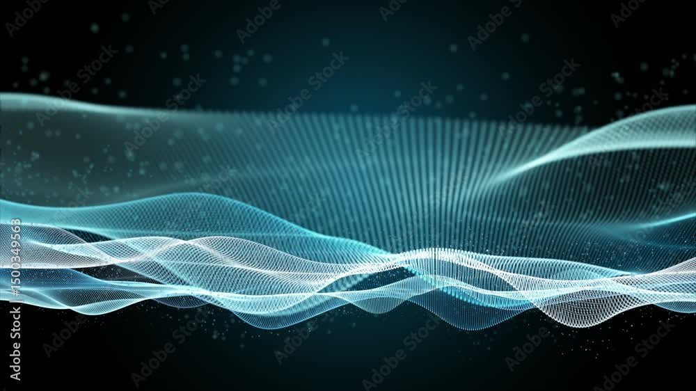 Poster futuristic video animation with particle wave object in slow motion, 4096x2304 loop 4k