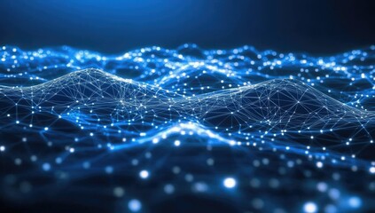 Abstract digital landscape of interconnected points and lines.  A network of glowing light dots forming a wavy surface