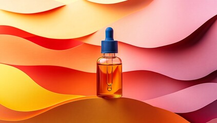Amber oil bottle with colorful waves.