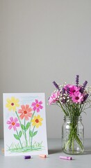 Fototapeta premium Colorful flower drawing by a child next to a vase of fresh flowers on table 