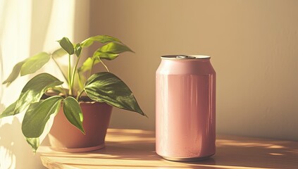 Pink can beside potted plant in sunlight
