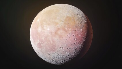 A detailed, digitally rendered, celestial body, likely a moon or planet.  Its surface is a mix of light peach, pale gray, and subtle pinkish tones. 