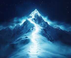 Snowy mountain peak, glowing path at night