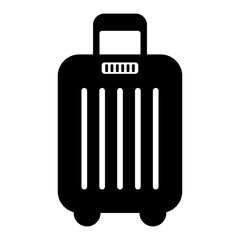 Black and white suitcase icon featuring a handle and barcode detail. Ideal for illustrating travel security, baggage tracking, airport luggage, and digital boarding themes.