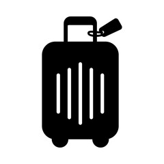 Simple black and white vector illustration of a suitcase with a travel tag. Ideal for travel apps, airport signage, baggage claim icons, and minimalist design themes.