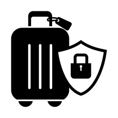 Black and white vector icon of a suitcase with a lock on a shield, representing secure travel, luggage protection, baggage safety, or travel insurance concept.