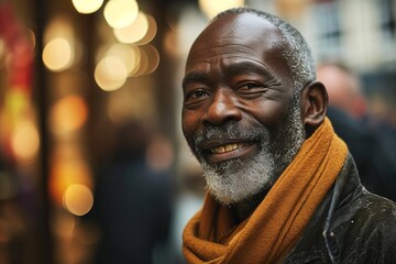Portrait of an elderly man in the city at Christmas time.