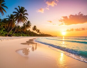 Playa virgen de arena blanca al atardecer, aguas turquesa calmadas reflejando un cielo en degradé de naranja a rosa, palmeras en silueta en segundo plano, fotografía 8K ultra nítida, estilo escapista 