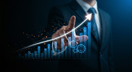 Financial growth chart shows positive trend, arrow moving up, indicating success, hand gesturing towards it, gears showing mechanism.