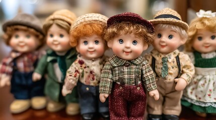 Adorable porcelain dolls collection charmingly dressed in vintage outfits perfect for holiday decorations or children's room decor