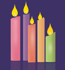 Five wax candles of various colors are seen with flames in a 3-d illustration..