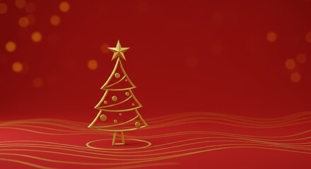 3D Rendered Gold Christmas Tree on Red Festive Background Illustration