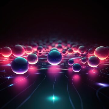 Sfere luminose astratte, rendering 3D, sfere fluttuanti, luci rosa e ciano