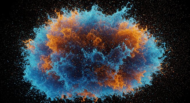 Abstract 3D Illustration of a Dynamic Blue and Orange Particle Explosion on Black - Powered by Adobe