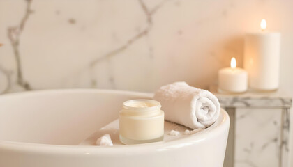 Spa essentials with cream and towels arranged on bathtub edge