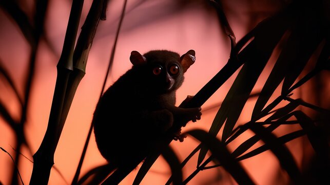 Silhouette of tarsier Tarsius syrichta perched on bamboo at twilight in a Southeast Asian forest big eyed shadow form tropical ambiance