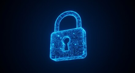 Abstract Digital Blue Glowing Lock Symbol on a Dark Background Illustration