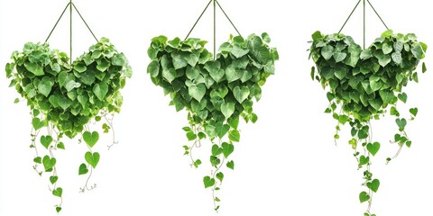 Three heart-shaped hanging planters with cascading greenery
