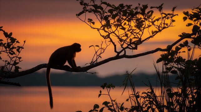 Silhouette of uakari monkey Cacajao calvus on a rainforest branch over river backdrop vibrant tropical colors