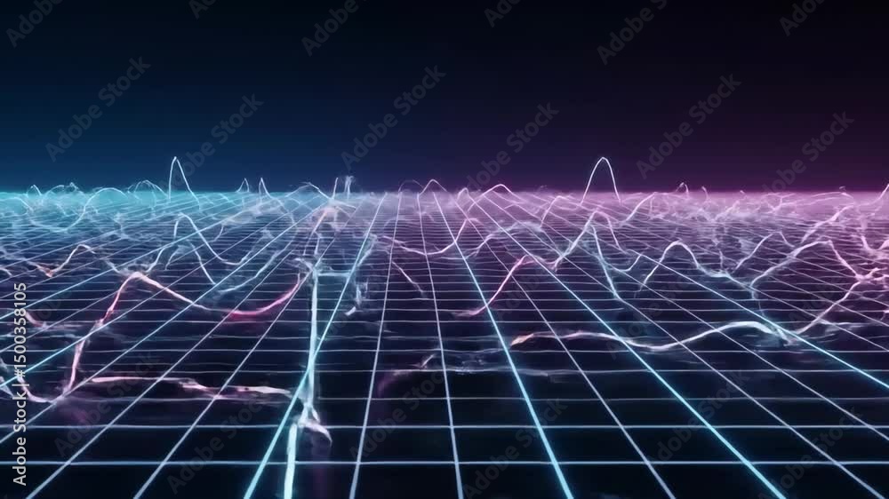 Poster Abstract 3D Render of Sound Waveforms Animated on a Neon Glowing Grid