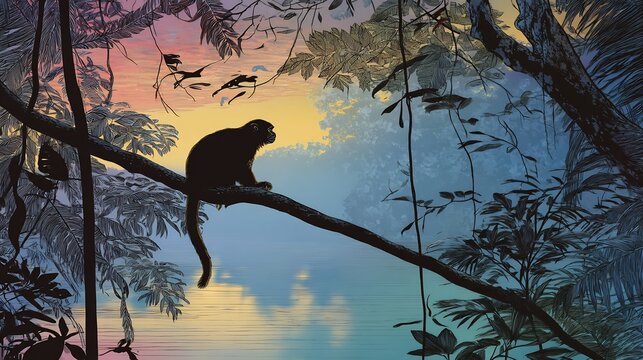 Silhouette of uakari monkey Cacajao calvus on a rainforest branch over river backdrop vibrant tropical colors