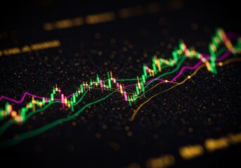 Abstract Photo of a Dynamic Stock Market Chart With Green and Purple Lines on Black Background