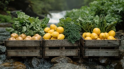 Fresh produce in wooden crates by a babbling brook