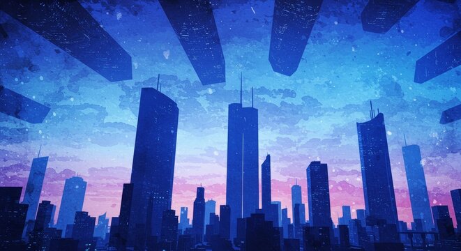 Abstract Pixelated Cityscape with Silhouetted Buildings under a Starry Night Sky Illustration