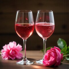 trending close up shot of rose wine glasses with peony flowers ideal for best selling stock photo and luxury wine photography.