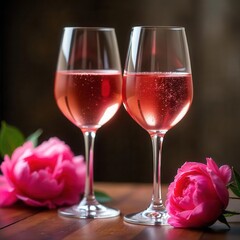 trending close up shot of rose wine glasses with peony flowers ideal for best selling stock photo and luxury wine photography.