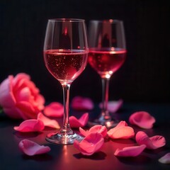 trending close up shot of rose wine glasses with peony flowers ideal for best selling stock photo and luxury wine photography.