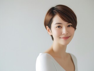Portrait of a Smiling Young Woman with Short Hair in Minimalist Style