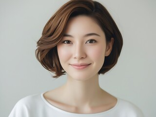 Portrait of a Smiling Young Woman with Short Hair in Minimalist Style