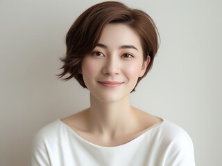 Portrait of a Smiling Young Woman with Short Hair in Minimalist Style