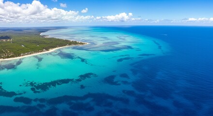 Obraz premium Aerial Photo Of Beautiful Turquoise Waters Near Coastline And Blue Sky