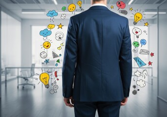 Businessman with Idea Illustrations as Photo in Modern Office