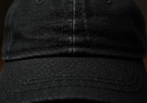Black Denim Cap Close Up Photo with Textured Fabric and Light Reflections