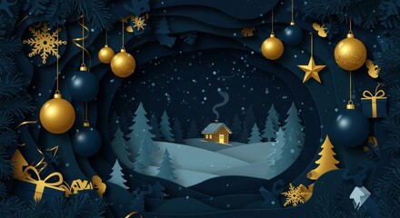 Christmas Paper Cut Winter Landscape Illustration With Snowflakes in Blue and Gold