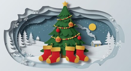 Christmas Paper Cut Illustration With Festive Tree Snow Landscape Scene